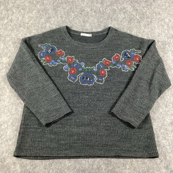 Zara Sequin Embroidered Floral Gray Sweater Size Small Ribbed Knit Lagenlook - Picture 9 of 13